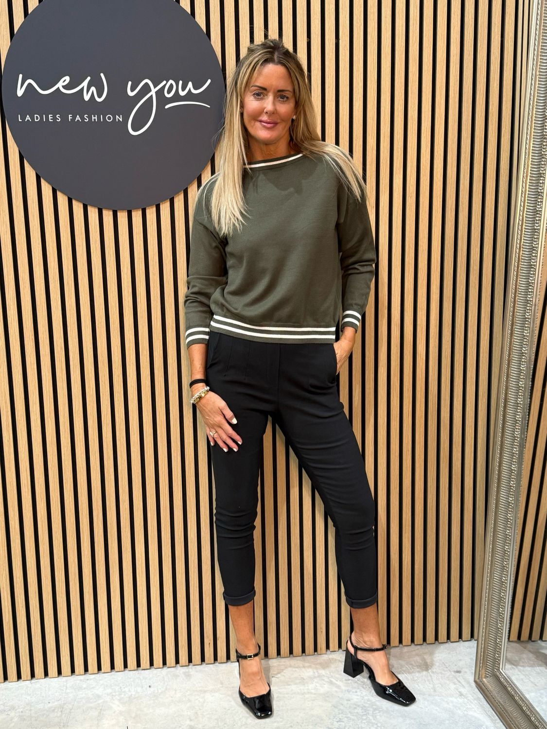 Striped Trim Knit Sweater - Khaki