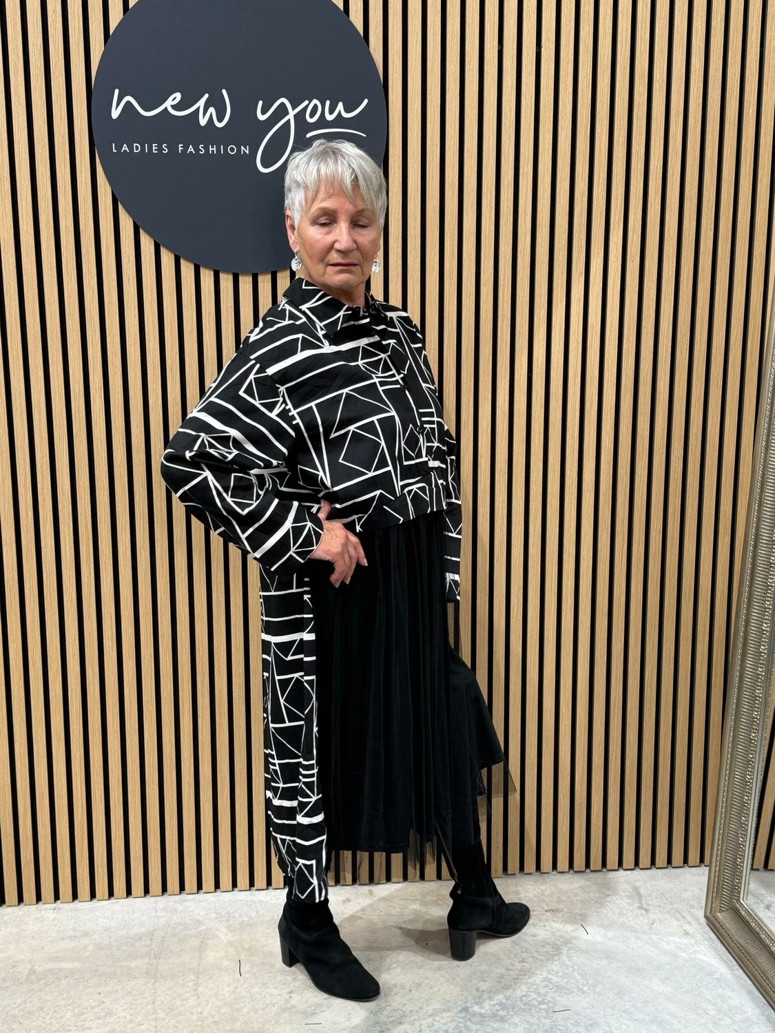 Geometric Print Layered Dress - Black/White