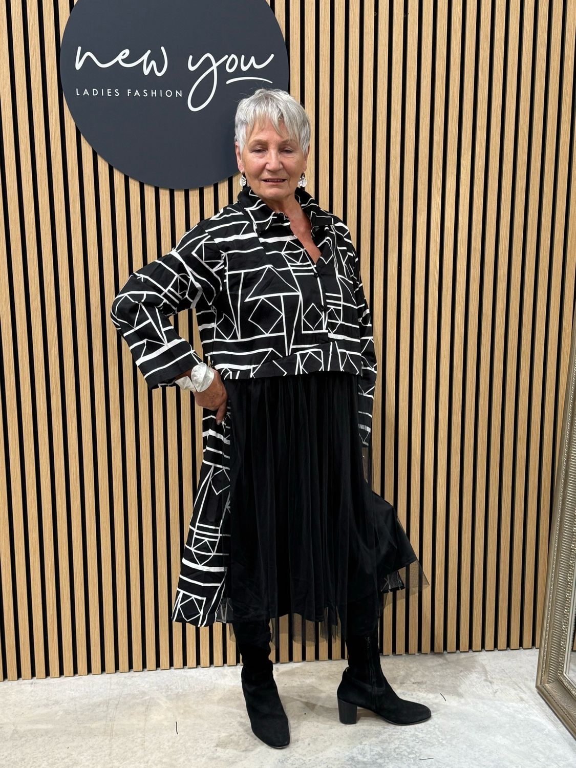 Geometric Print Layered Dress - Black/White