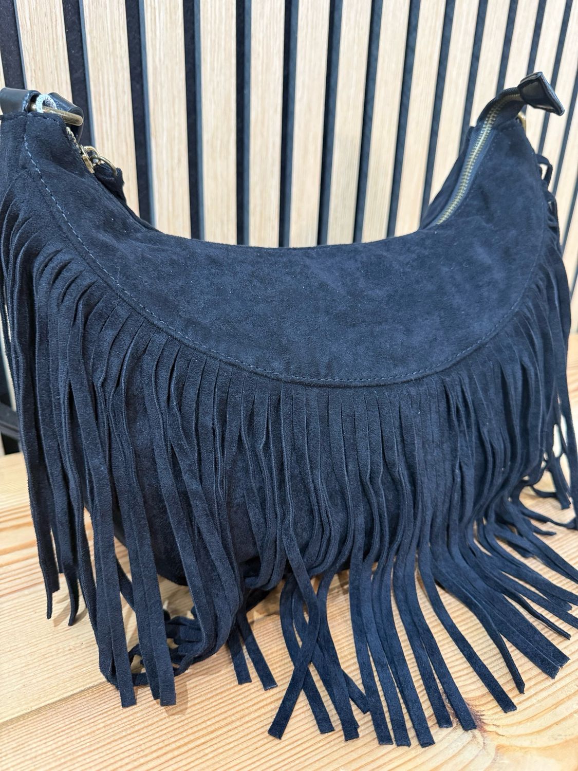 Suede Fringe Shoulder Bag - Black