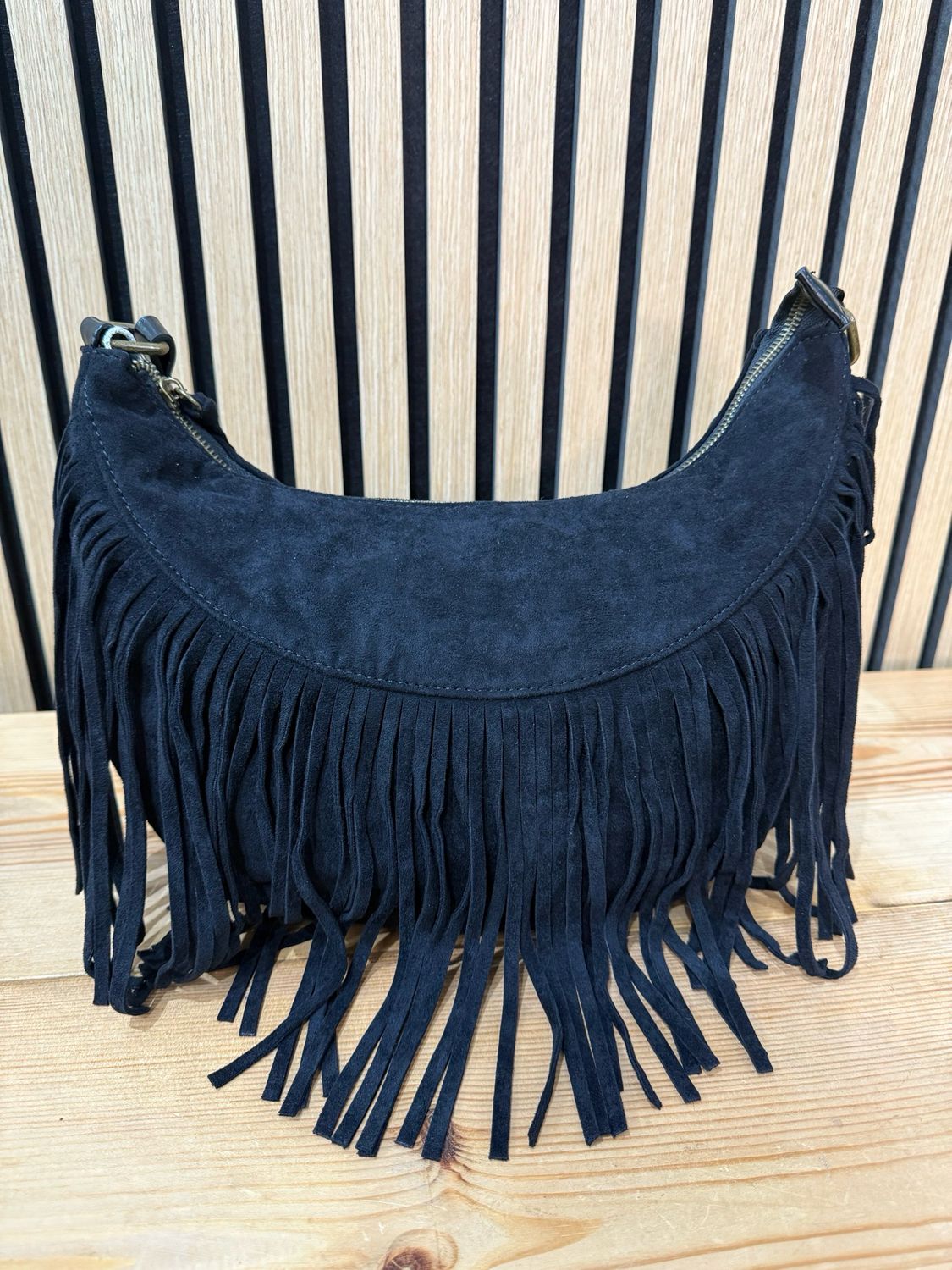 Suede Fringe Shoulder Bag - Black