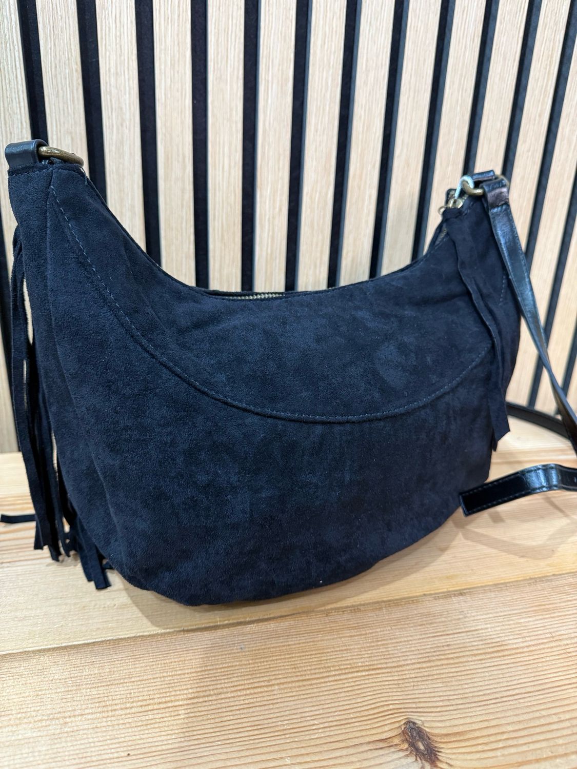 Suede Fringe Shoulder Bag - Black