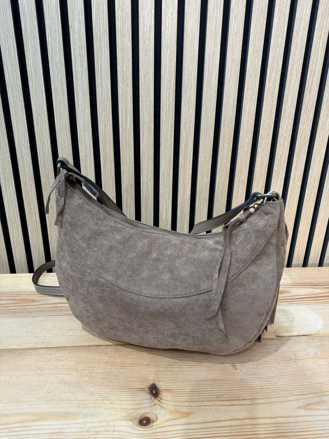 Suede Fringe Shoulder Bag - Taupe