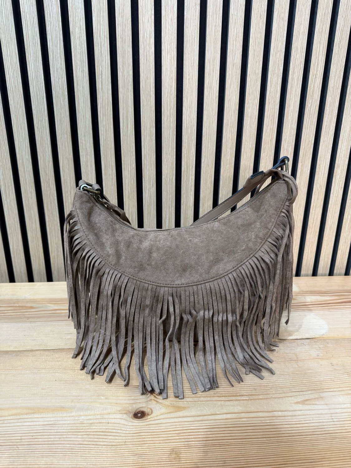 Suede Fringe Shoulder Bag - Taupe