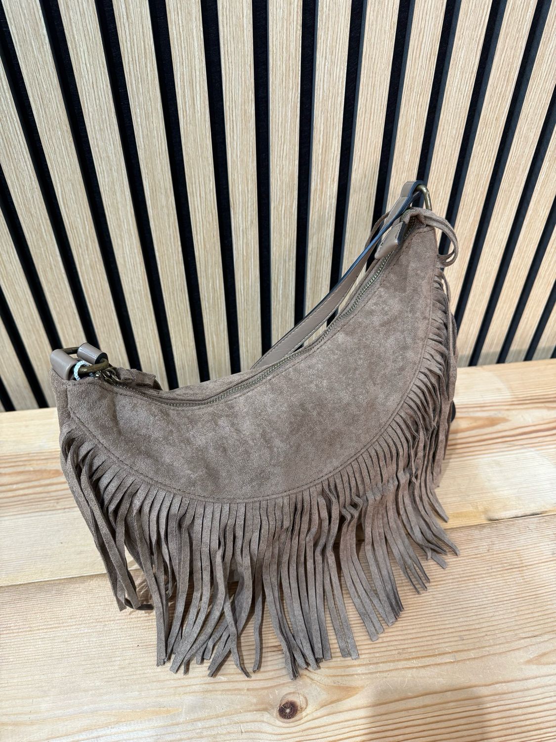 Suede Fringe Shoulder Bag - Taupe