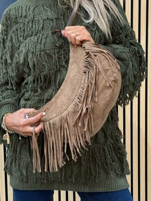 Suede Fringe Shoulder Bag - Taupe