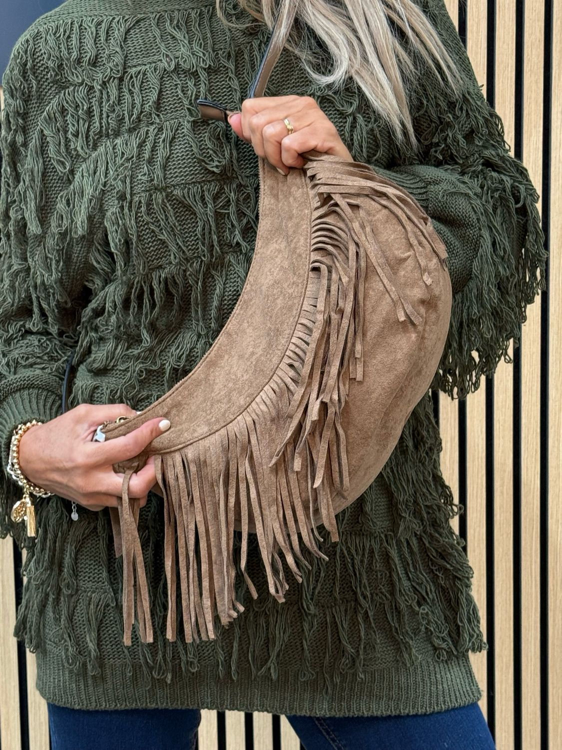 Suede Fringe Shoulder Bag - Taupe