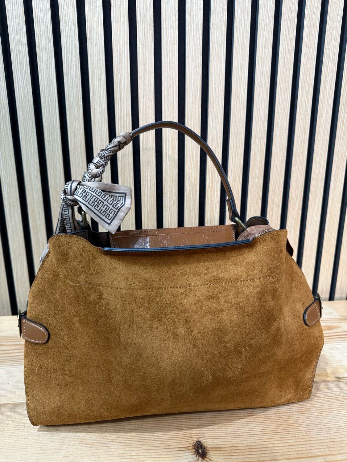 Suede Effect Handbag With Scarf Accent - Tan