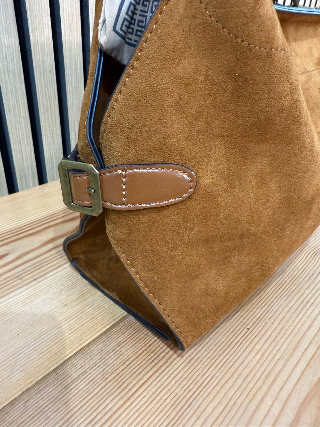 Suede Effect Handbag With Scarf Accent - Tan
