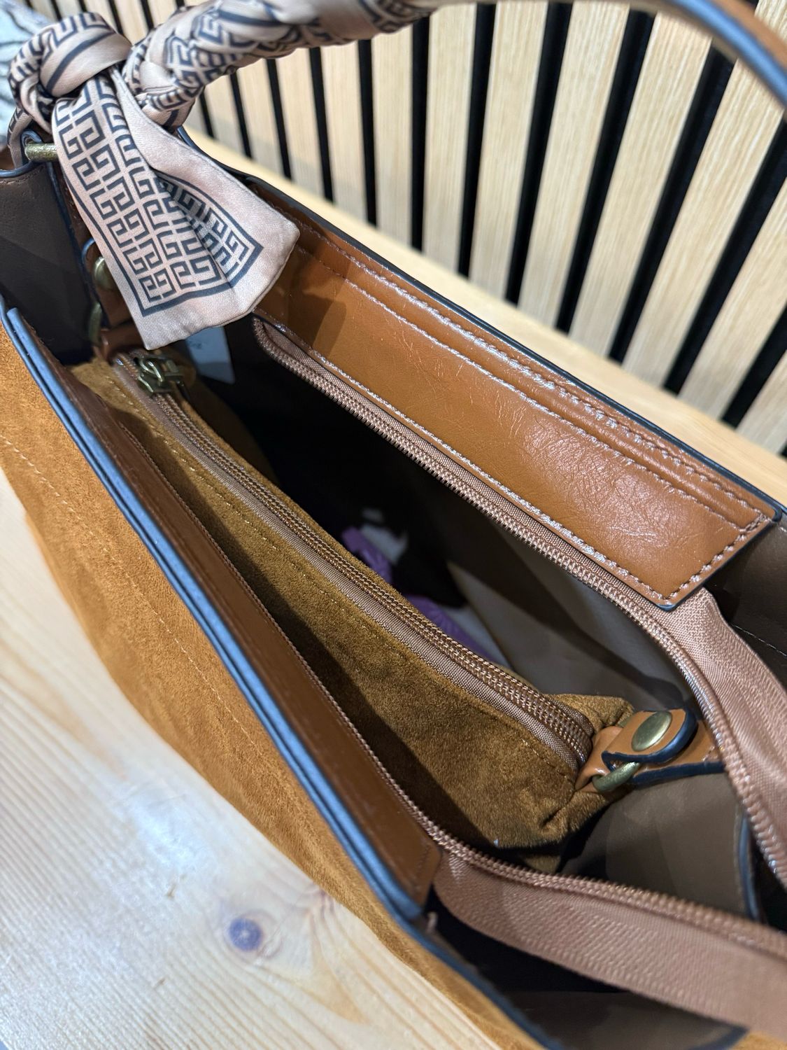 Suede Effect Handbag With Scarf Accent - Tan