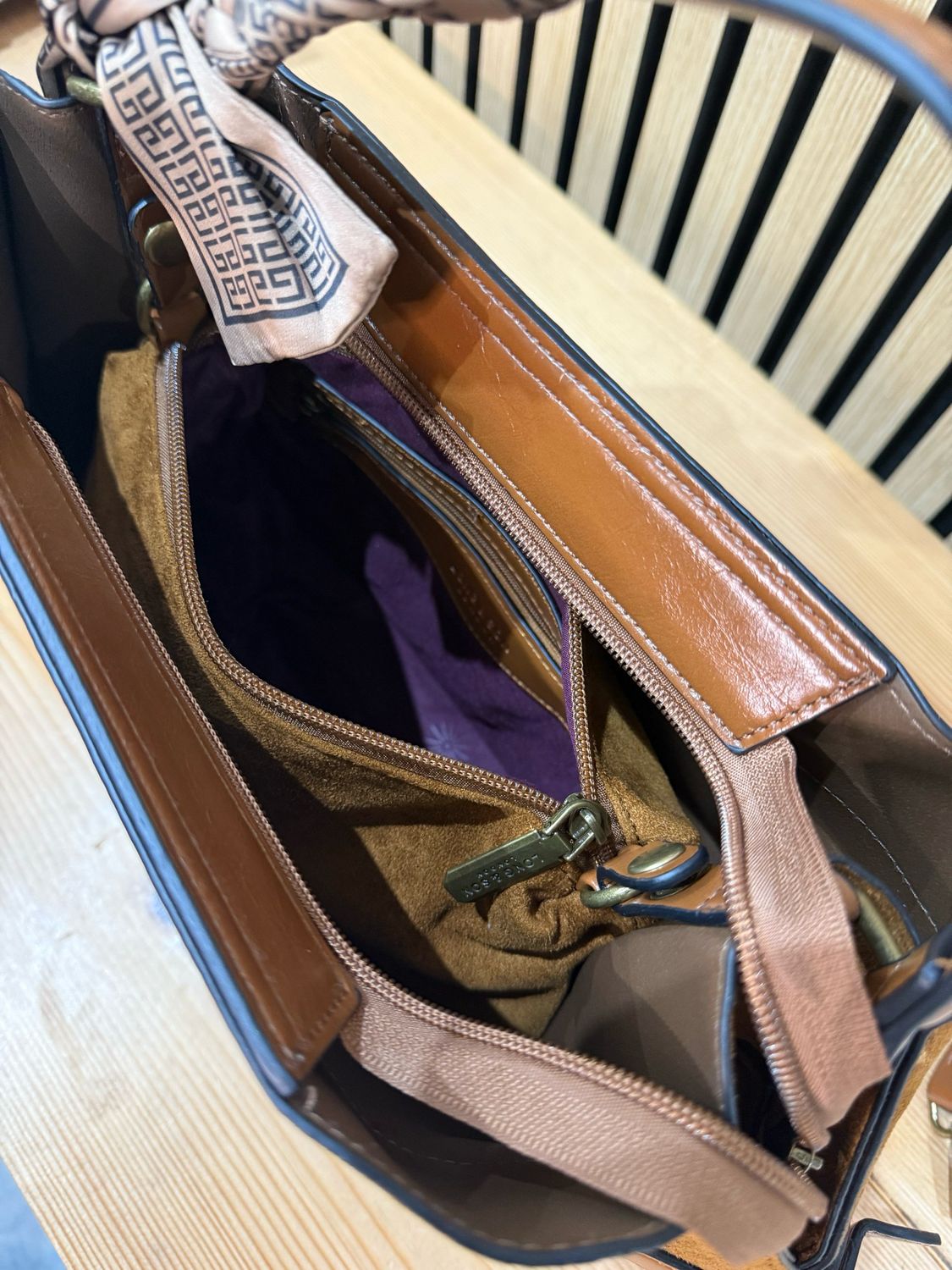 Suede Effect Handbag With Scarf Accent - Tan