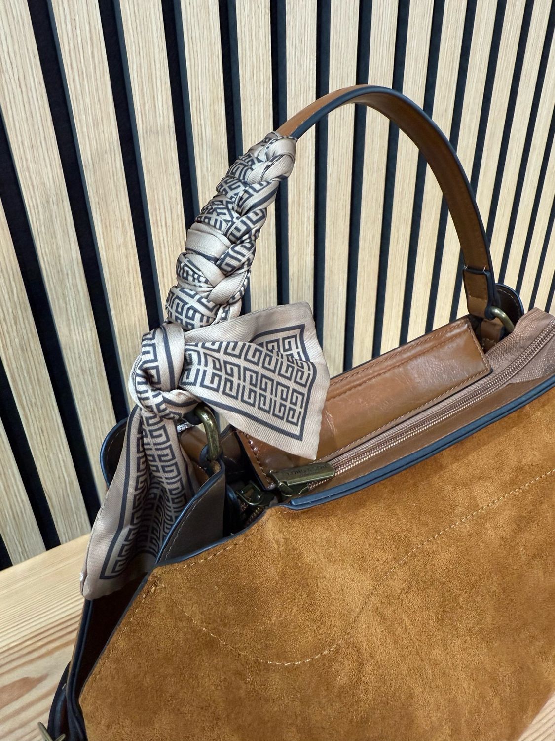 Suede Effect Handbag With Scarf Accent - Tan
