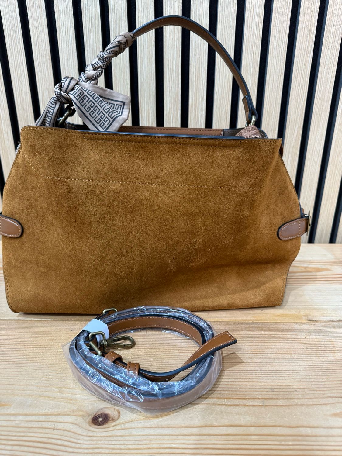 Suede Effect Handbag With Scarf Accent - Tan
