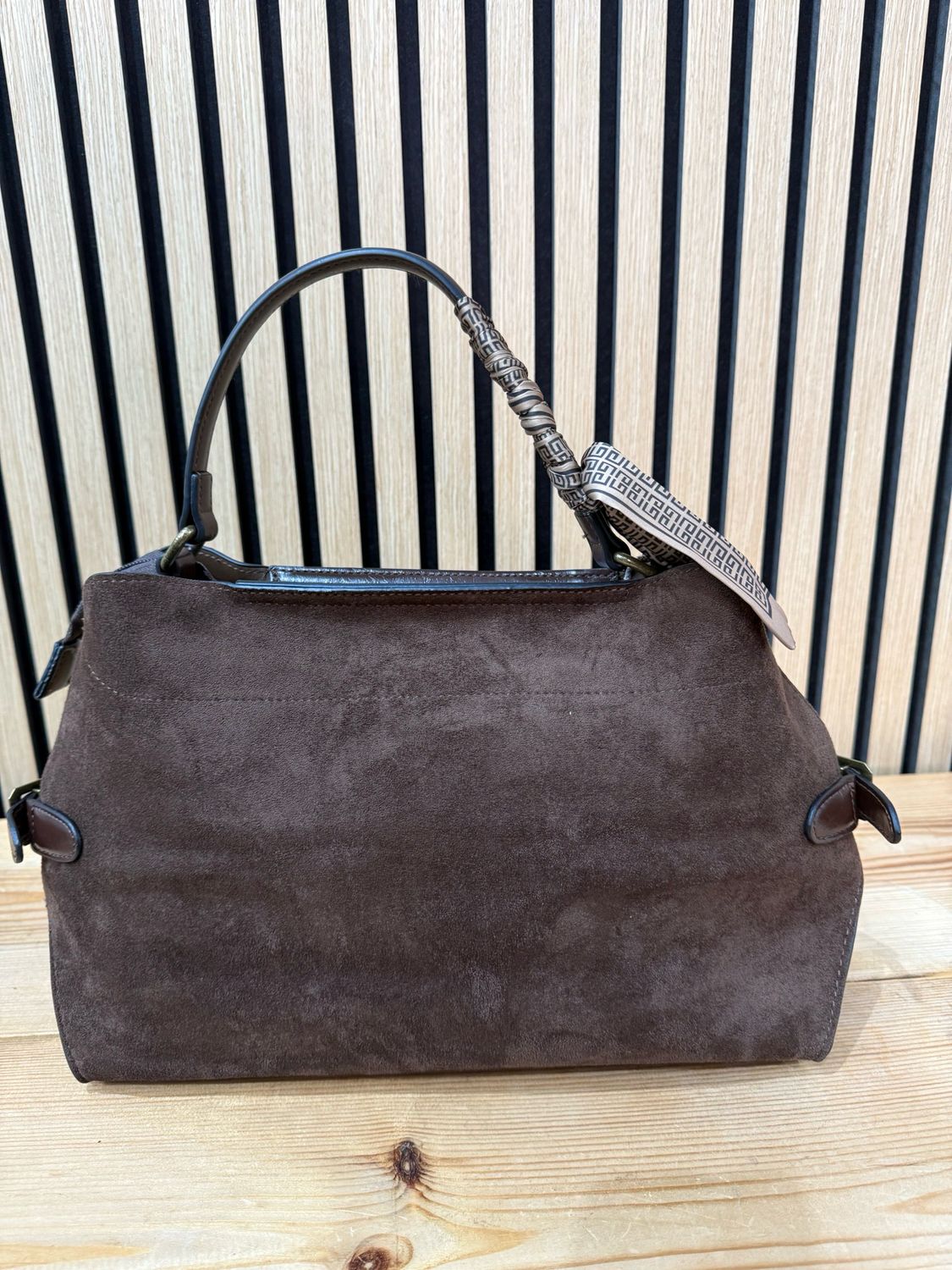 Suede Effect Handbag With Scarf Accent - Brown