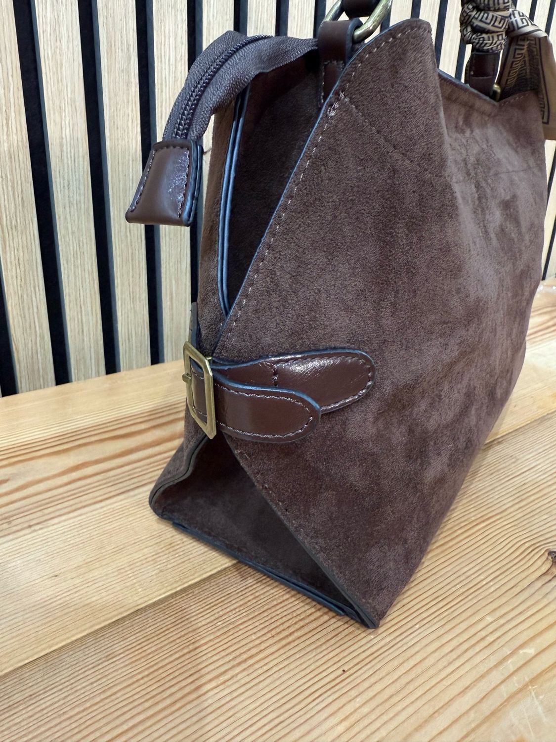 Suede Effect Handbag With Scarf Accent - Brown