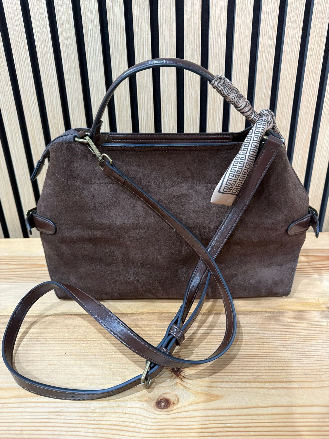 Suede Effect Handbag With Scarf Accent - Brown