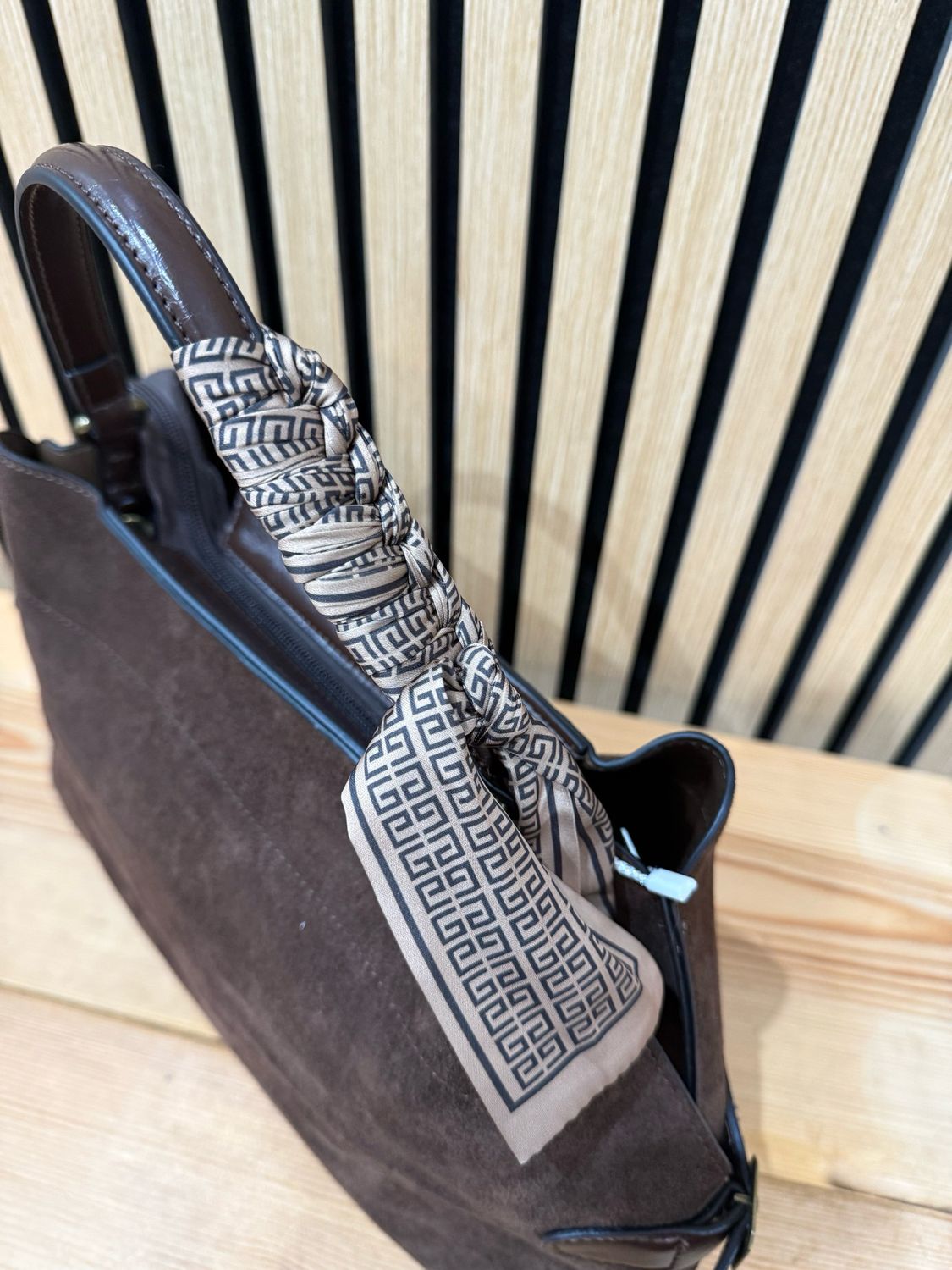 Suede Effect Handbag With Scarf Accent - Brown