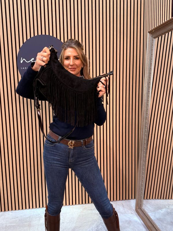 Suede Fringe Shoulder Bag - Black