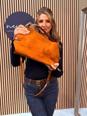 Suede Effect Handbag With Scarf Accent - Tan