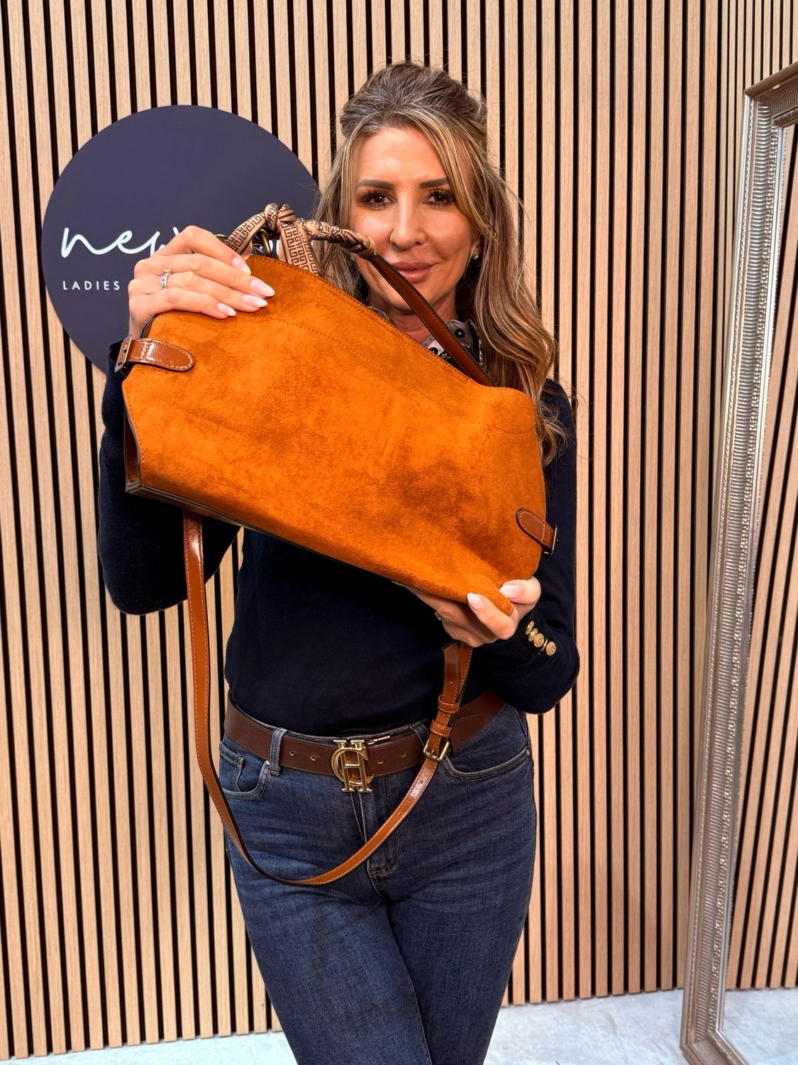 Suede Effect Handbag With Scarf Accent - Tan