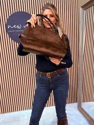 Suede Effect Handbag With Scarf Accent - Brown
