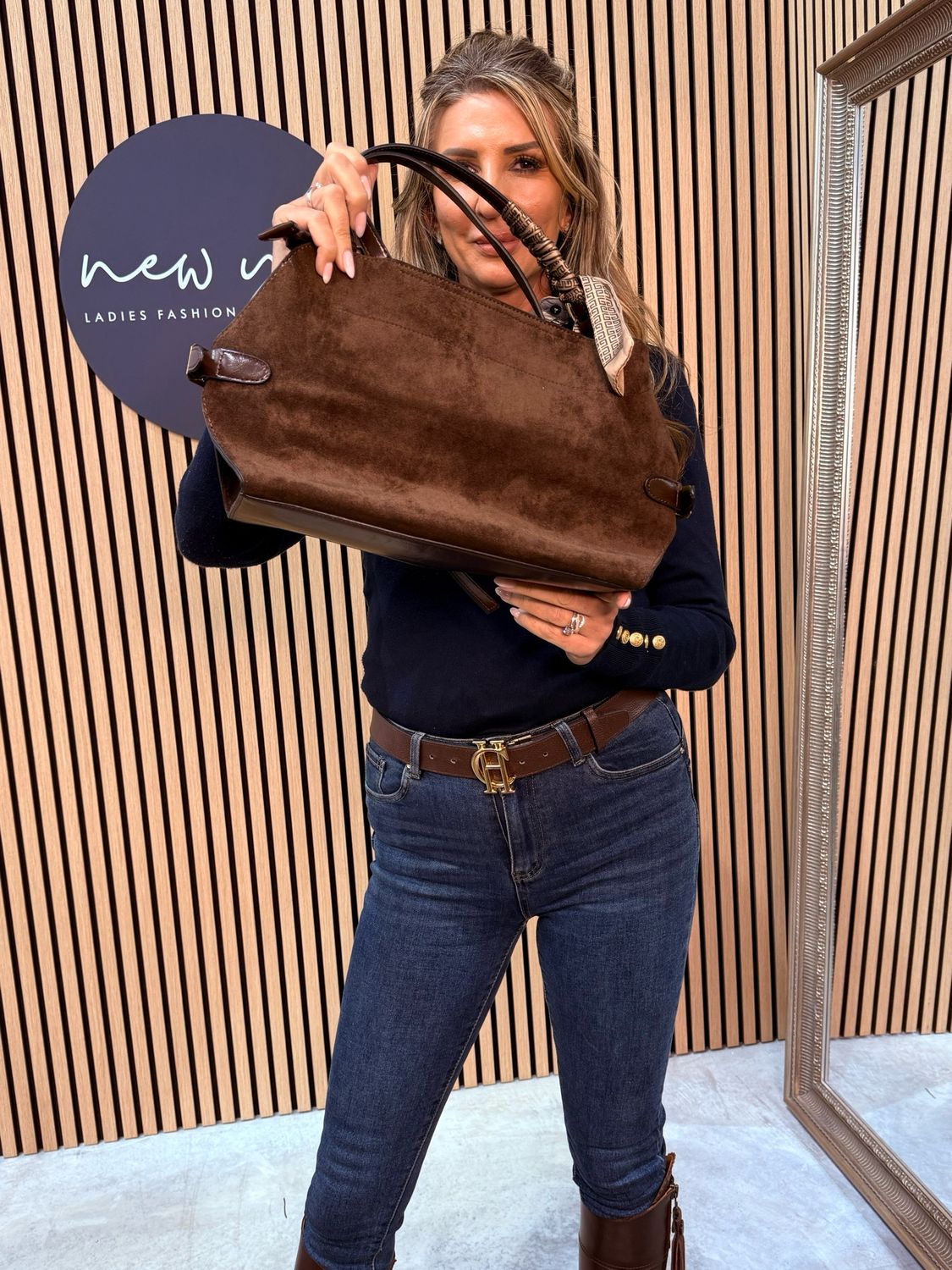 Suede Effect Handbag With Scarf Accent - Brown