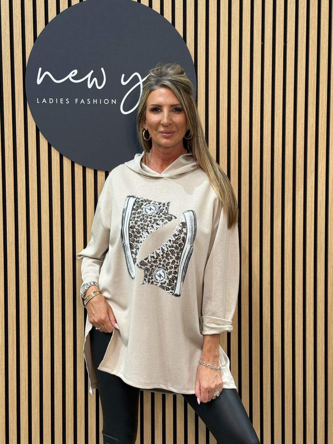 Hooded Tunic With Sneaker Design - Beige