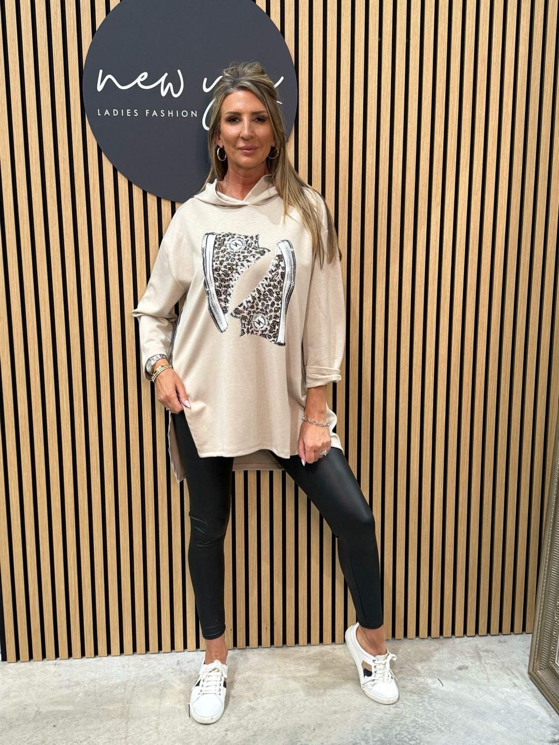 Hooded Tunic With Sneaker Design - Beige