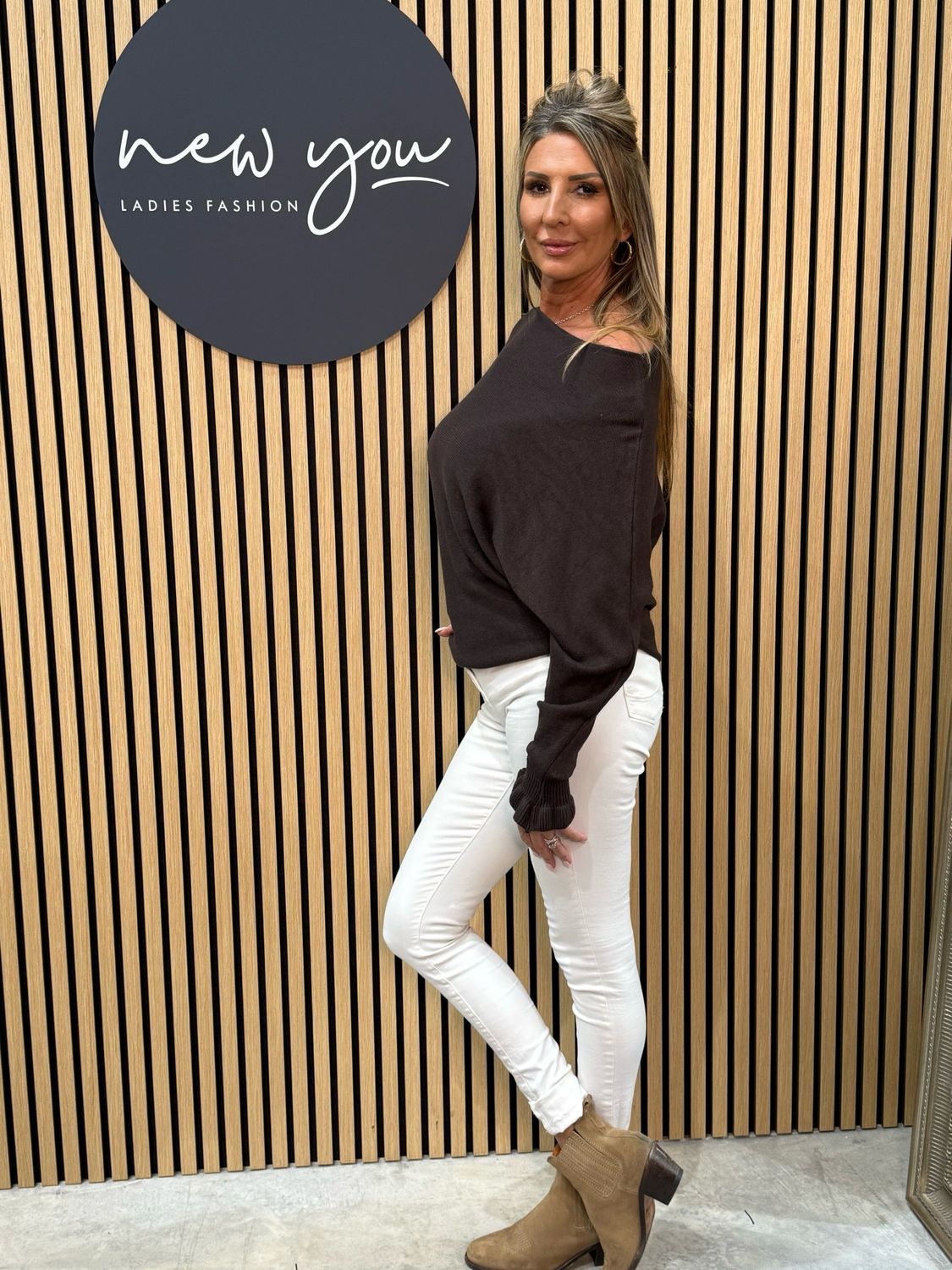 Frill Sleeve Knit Jumper - Brown