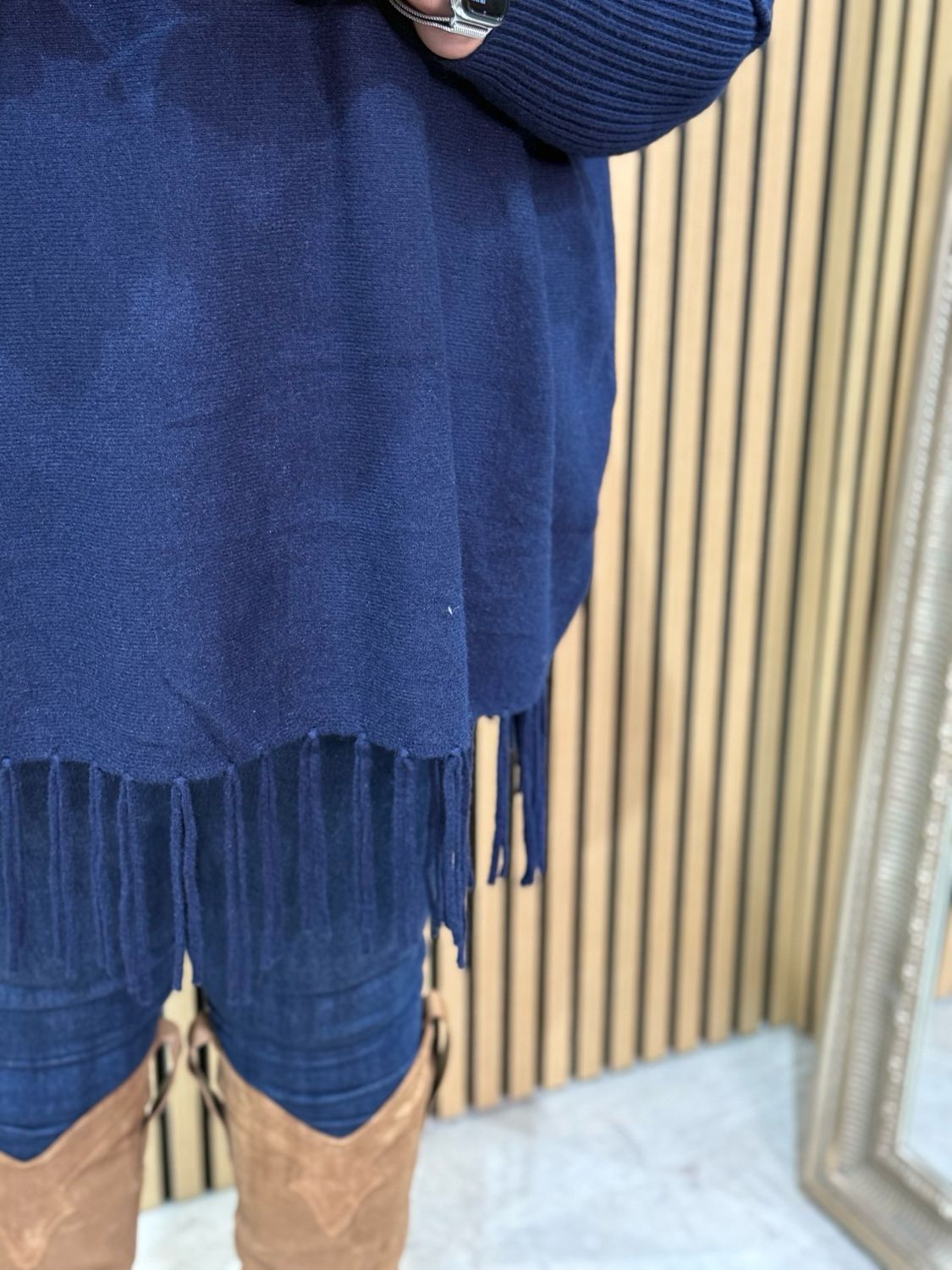 Button Shoulder Fringe Knit Jumper - Navy