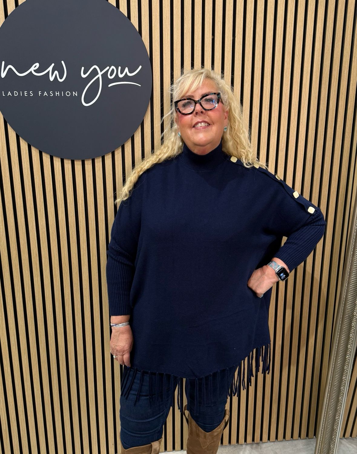Button Shoulder Fringe Knit Jumper - Navy