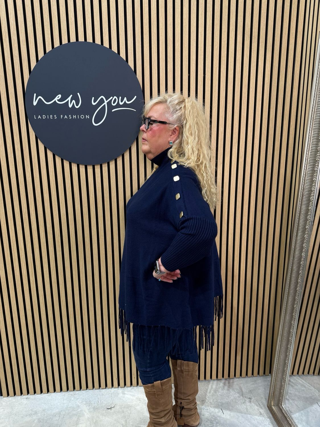 Button Shoulder Fringe Knit Jumper - Navy