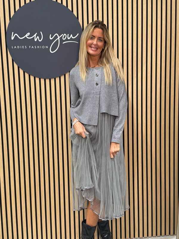 Layered Knit &amp; Pleated Dress Set - Grey