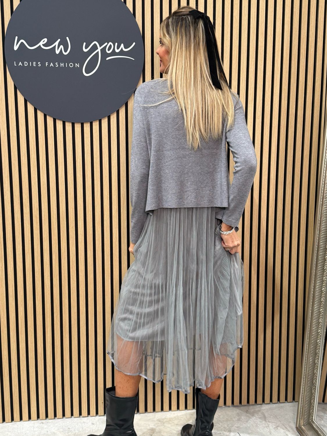 Layered Knit &amp; Pleated Dress Set - Grey