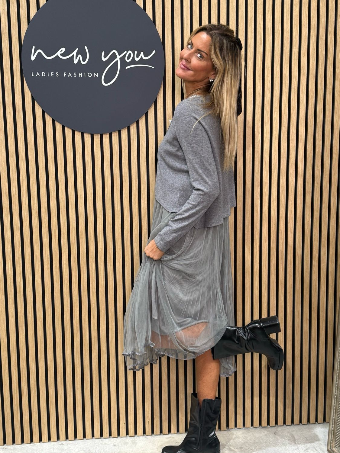 Layered Knit &amp; Pleated Dress Set - Grey