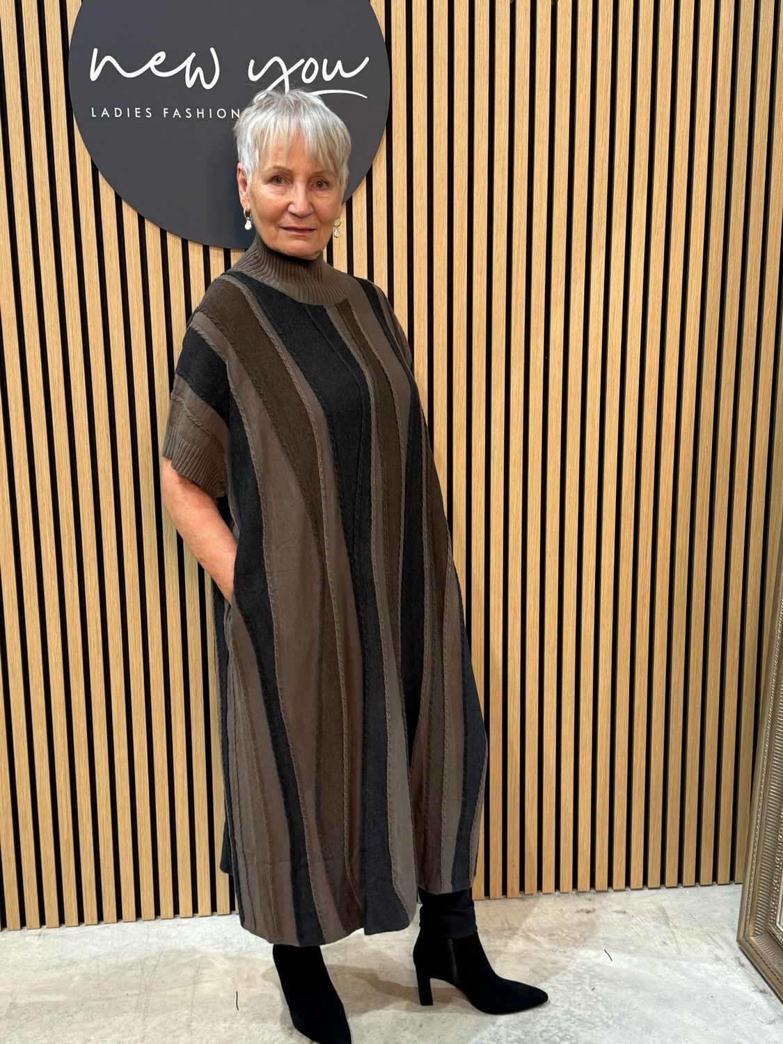 Striped Knit Midi Dress - Brown/Taupe
