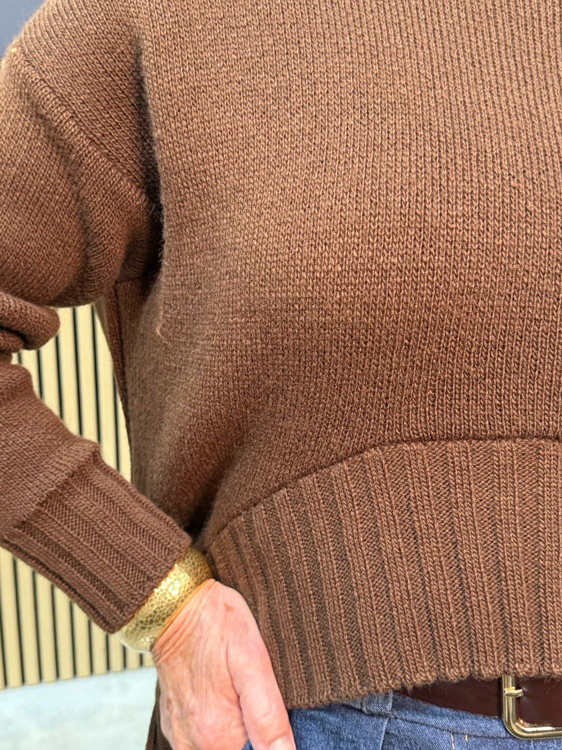 Ribbed Hem Knit Jumper - Brown