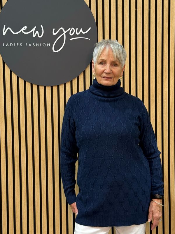 Cable Knit Polo Neck Jumper - Navy