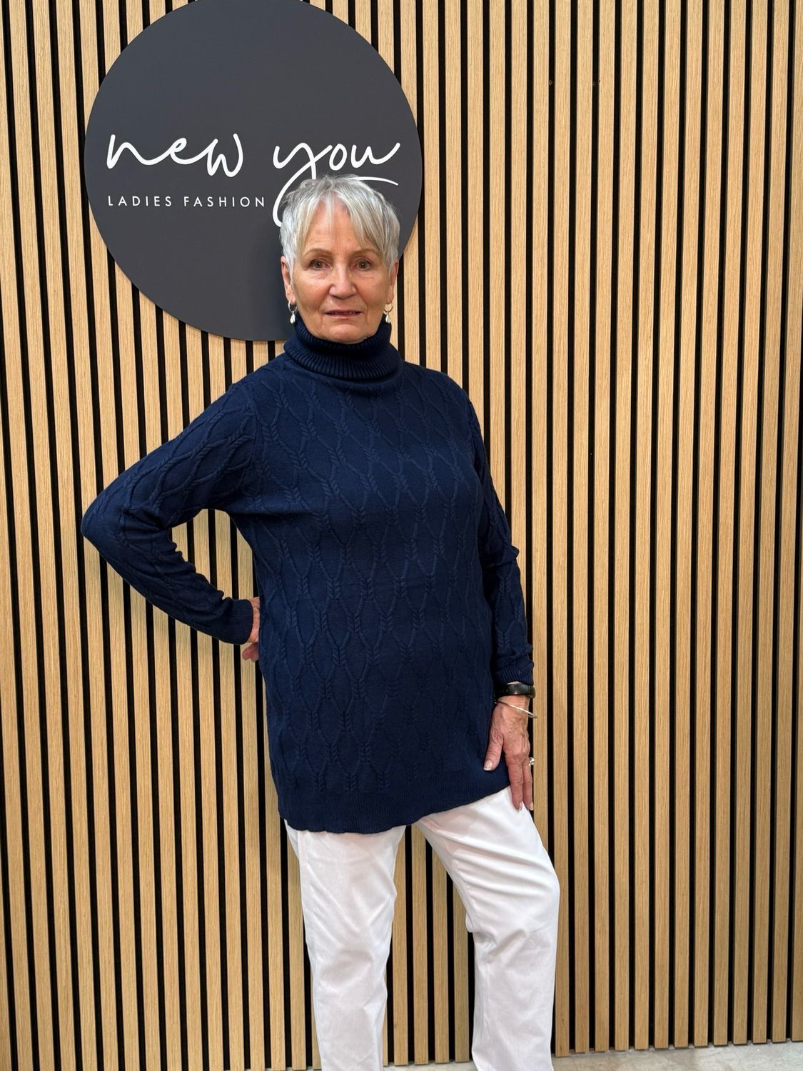 Cable Knit Polo Neck Jumper - Navy