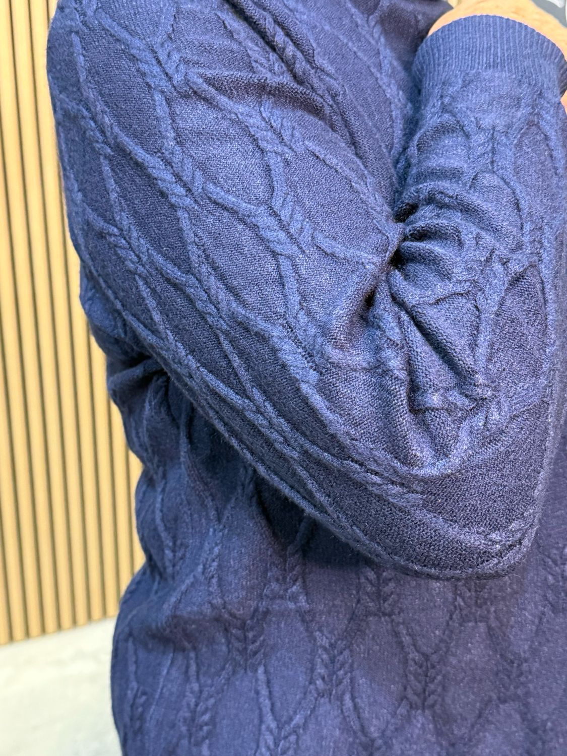 Cable Knit Polo Neck Jumper - Navy