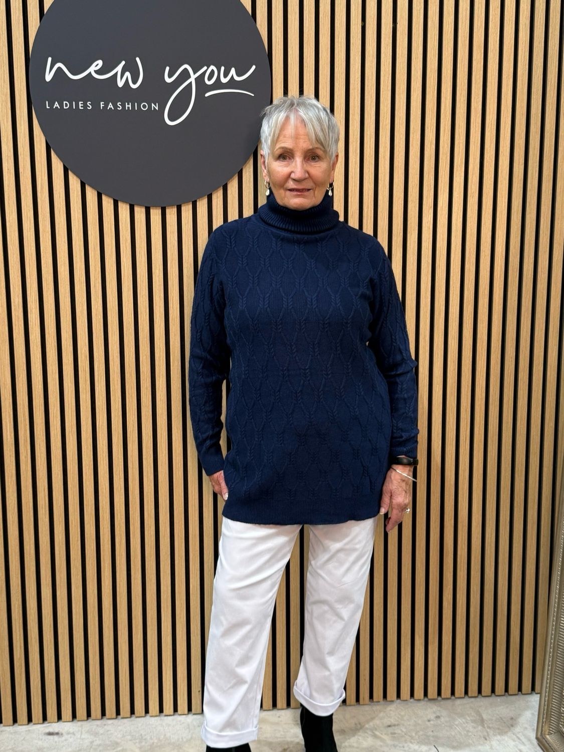 Cable Knit Polo Neck Jumper - Navy