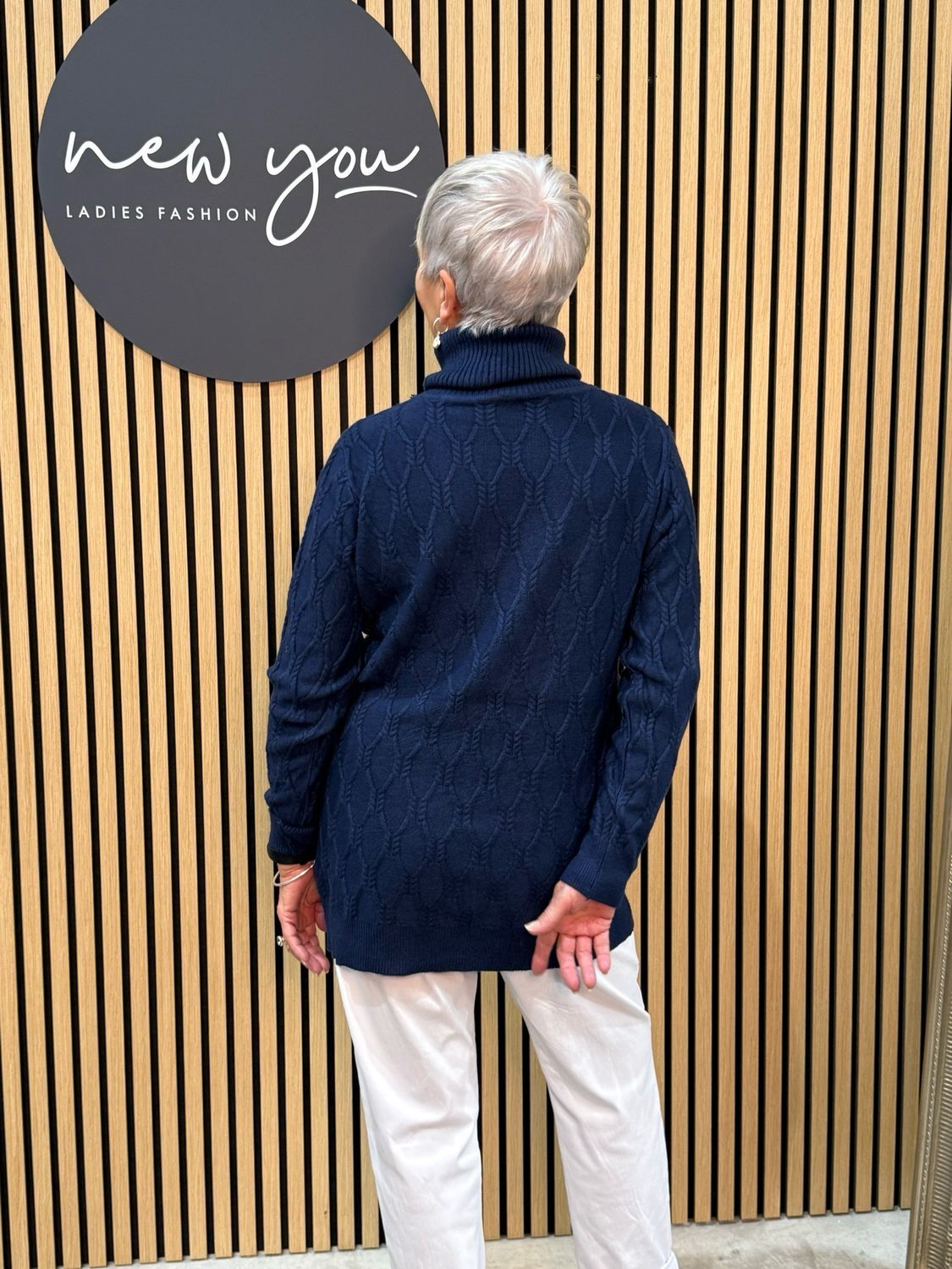 Cable Knit Polo Neck Jumper - Navy