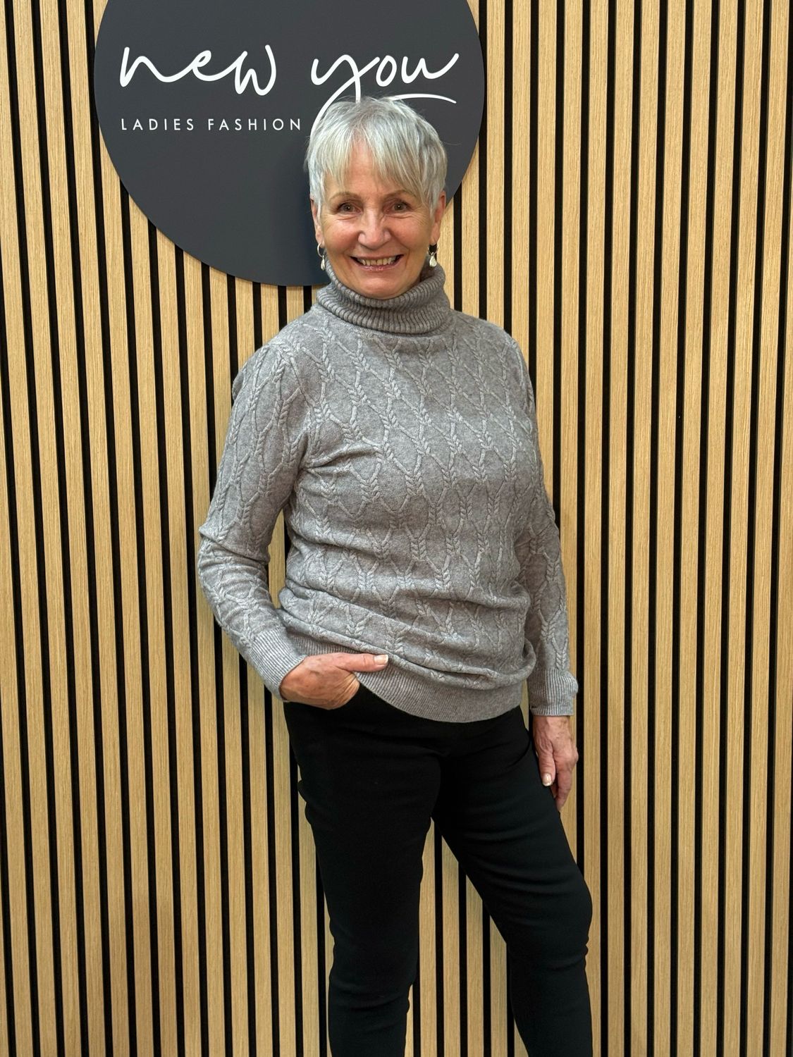 Cable Knit Polo Neck Jumper - Grey