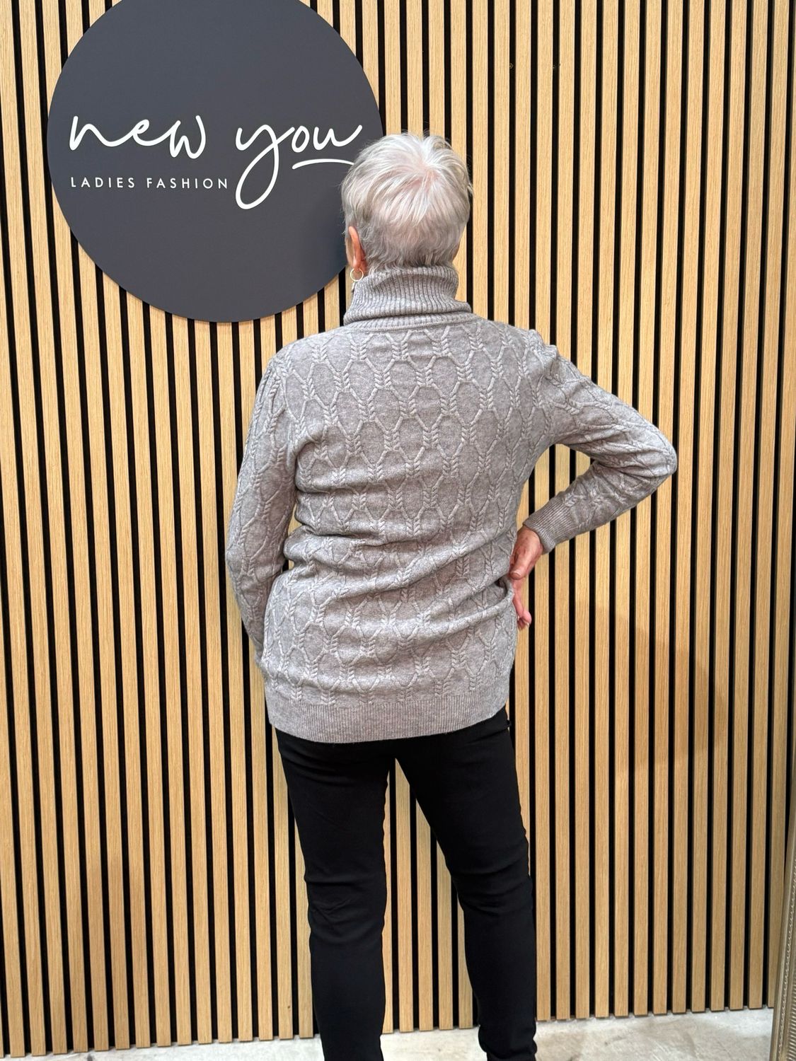 Cable Knit Polo Neck Jumper - Grey