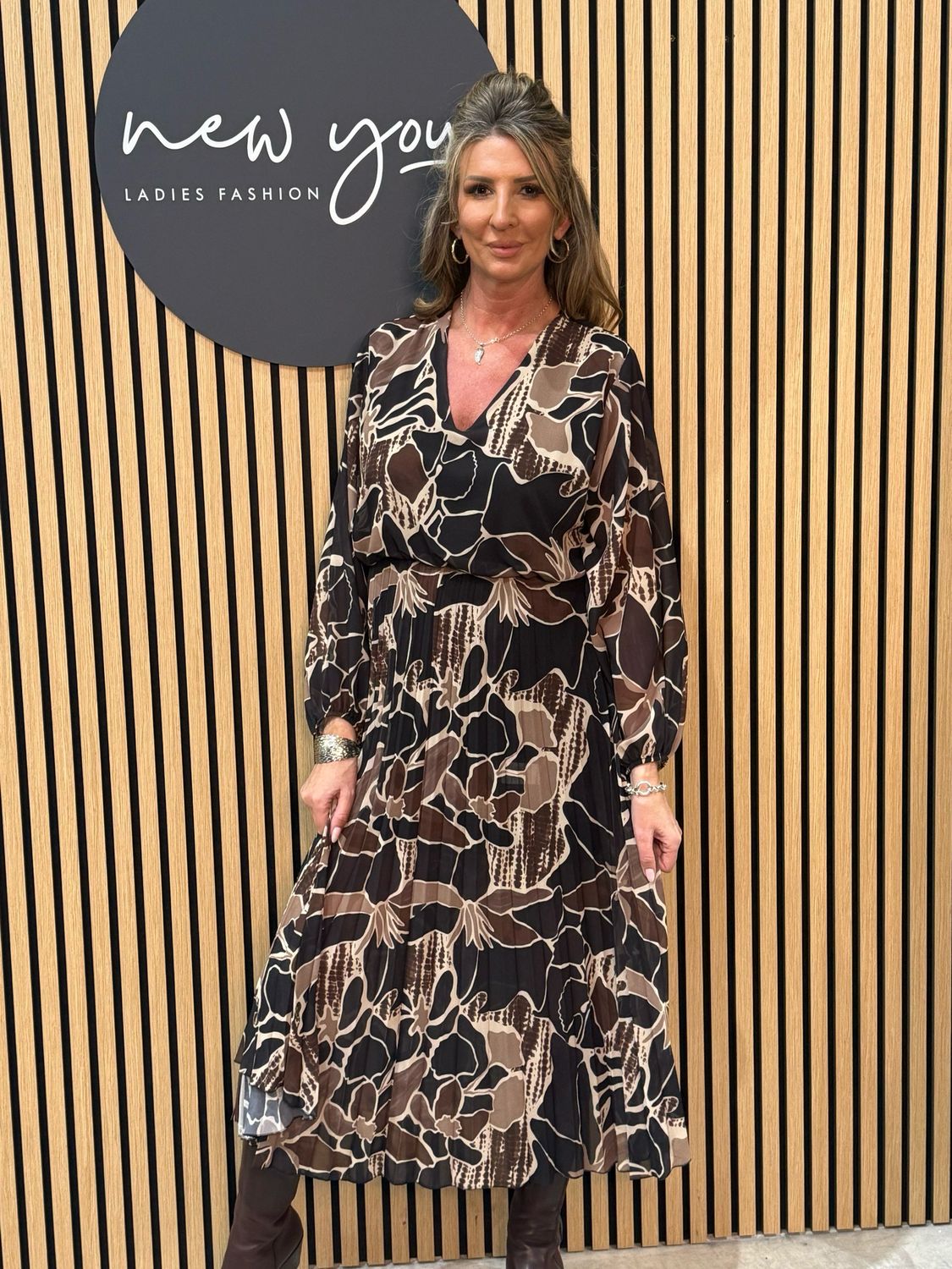 Floral Print Midi Dress- Brown/Black
