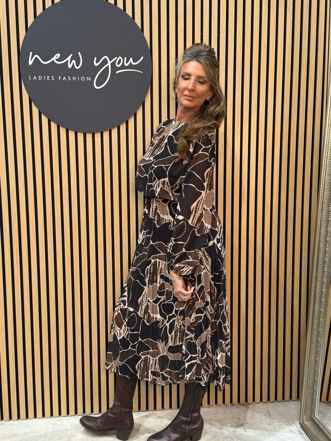 Floral Print Midi Dress- Brown/Black
