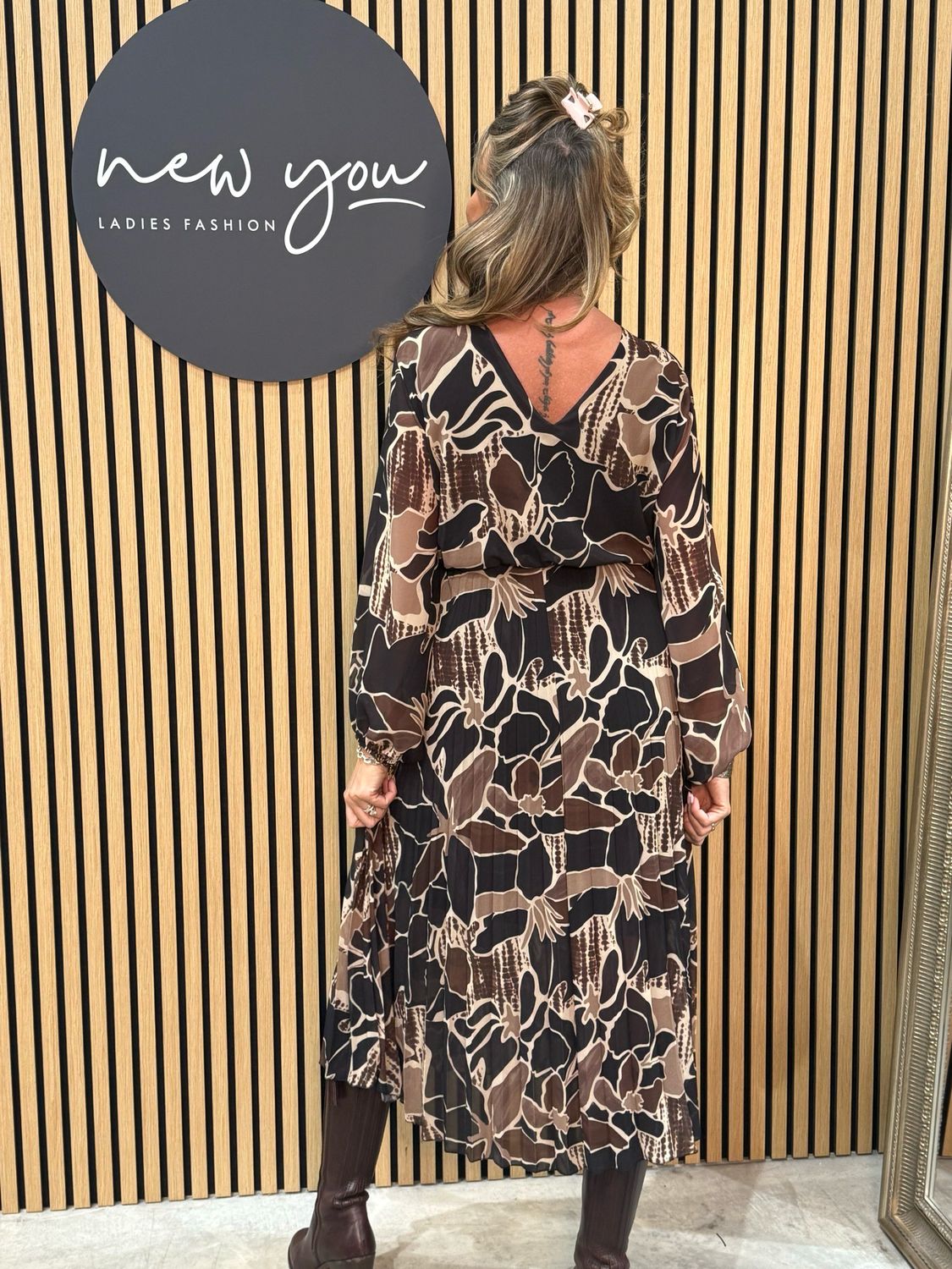 Floral Print Midi Dress- Brown/Black