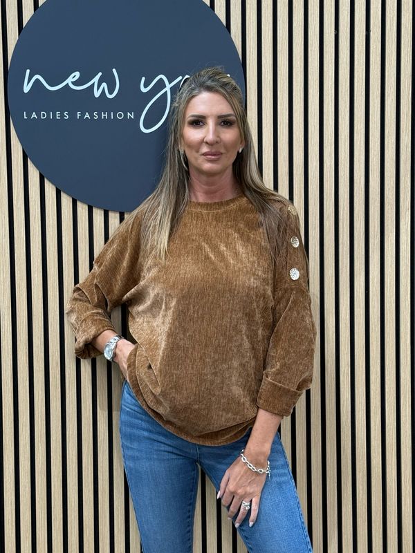 Button Shoulder Velour Top - Tan