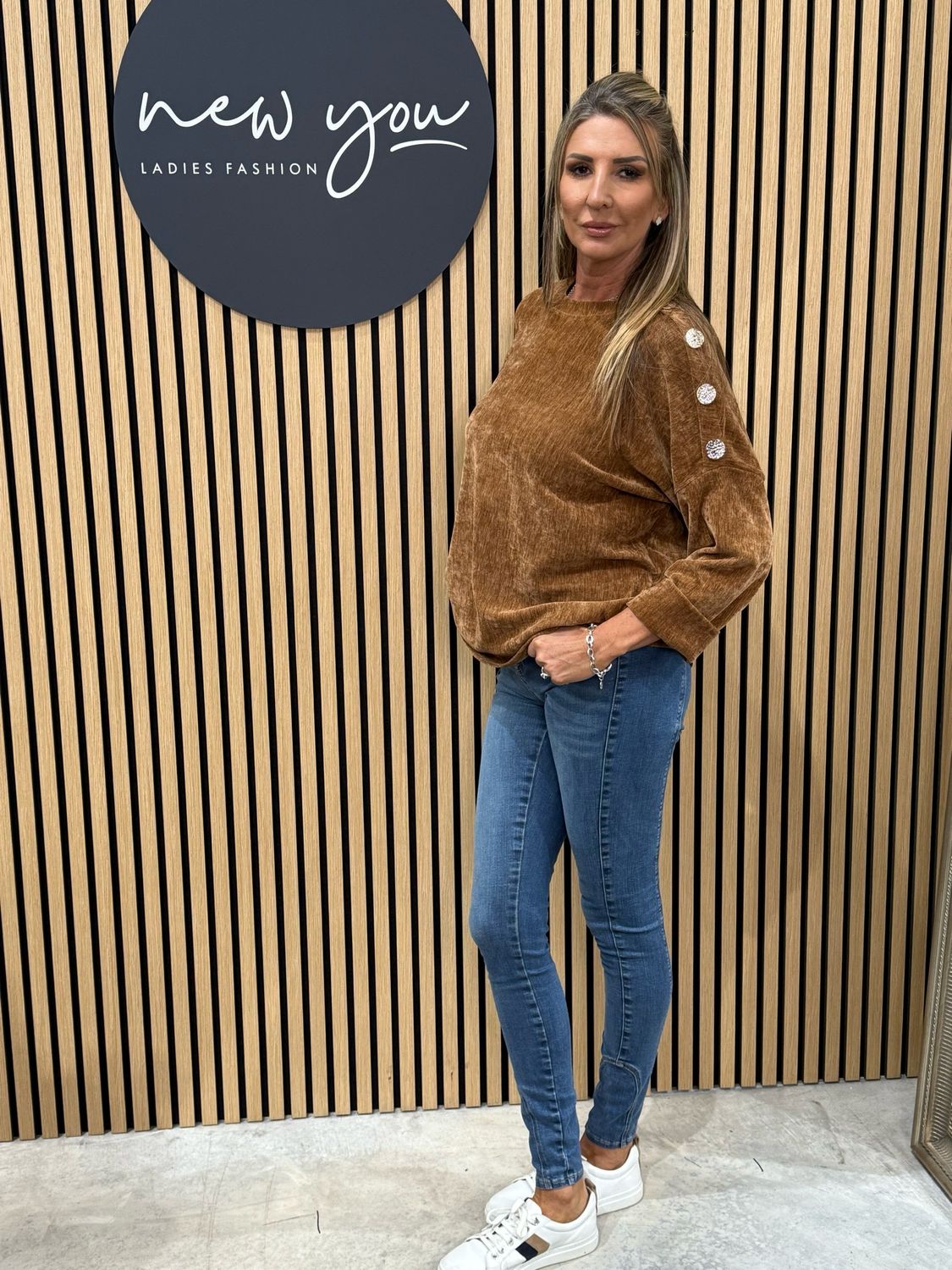 Button Shoulder Velour Top - Tan