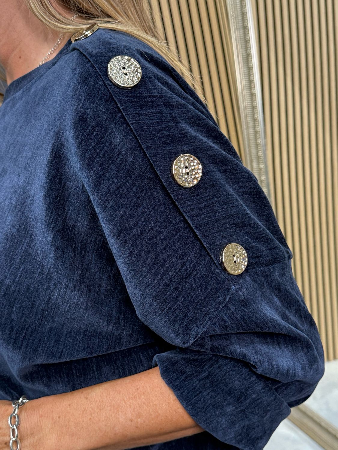 Button Shoulder Velour Top - Navy